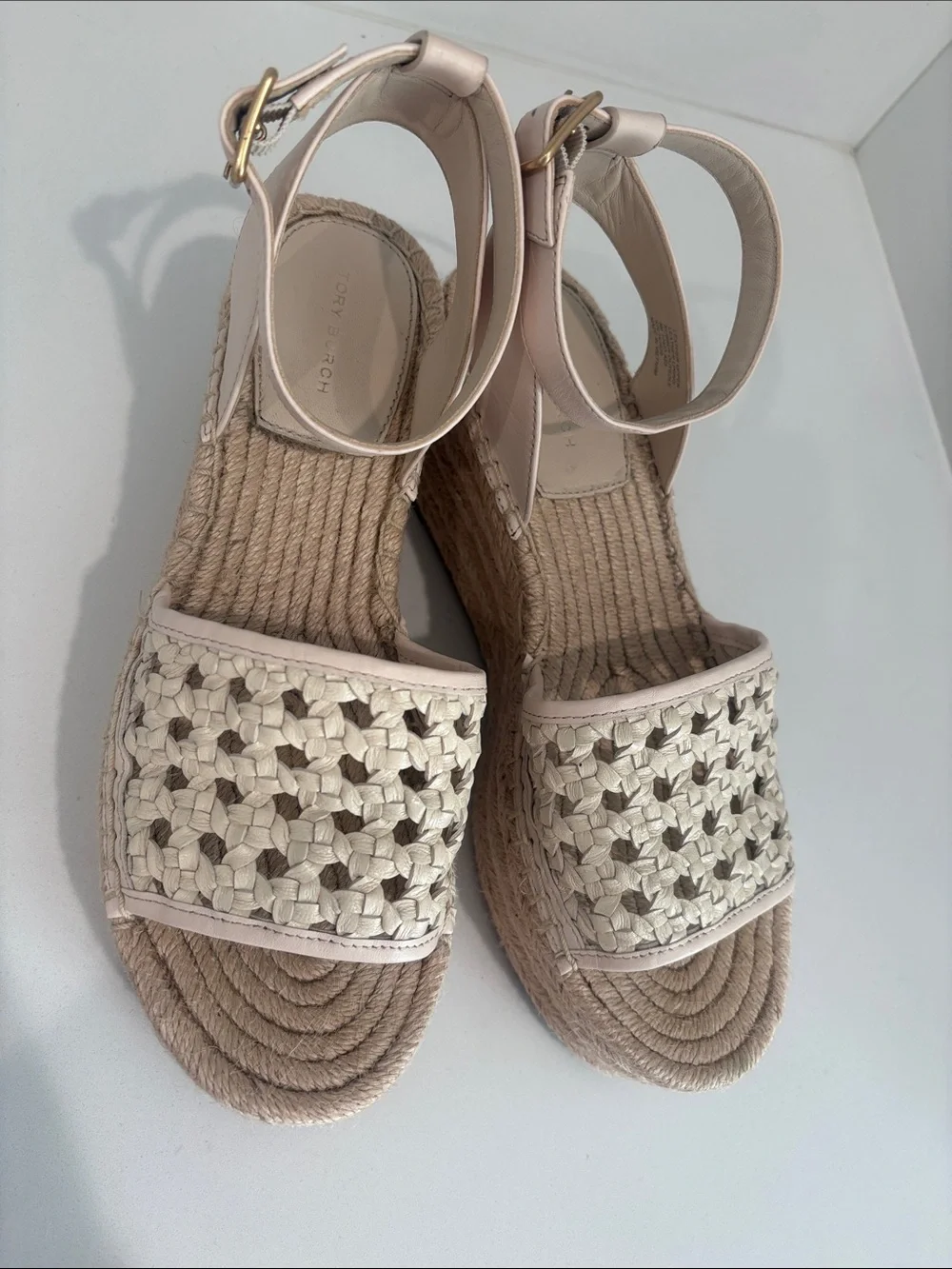 Tory Burch Woven Espadrille Platform Sandals in Ivory Leather Size 8